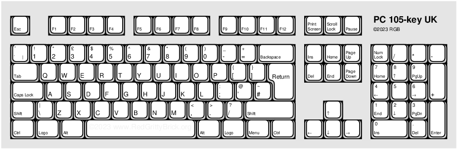 Diagram of UK PC 105-key keyboard layout