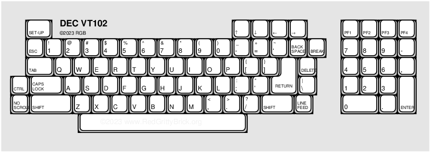 Diagram of >1978 DEC VT102 terminal keyboard layout