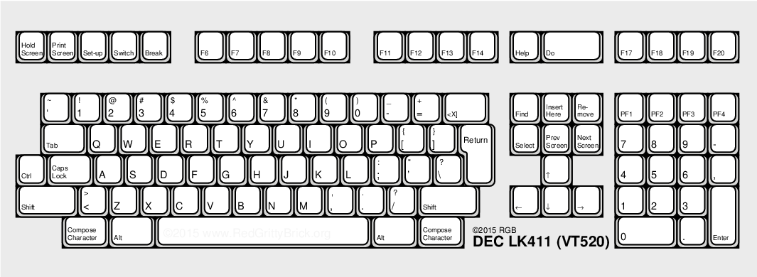 Diagram of ~1993 DEC LK411 keyboard layout